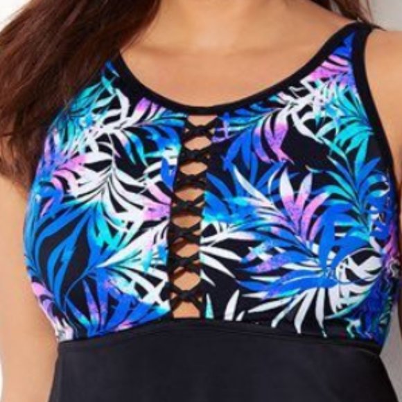 Swimsuits For All Black and Blue Tropical Swim Dress NWT - Picture 3 of 7